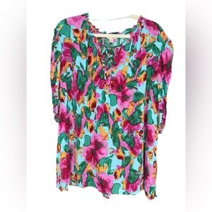 Terra & Sky Floral Blouse Pink, Green, Orange, Aqua 3/4 Elastic Sleeves size 1X